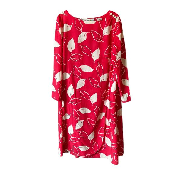 Vintage Craig Byron NY Pink Leaf Print Silky Midi Dress w/ Button Shoulder M - Picture 2 of 8